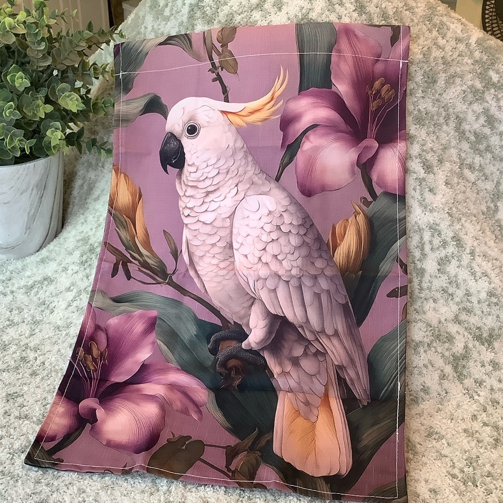 Tropical Pink Plum Floral Cockatoo Bird Garden Flag NWT 11.5” x17.50”